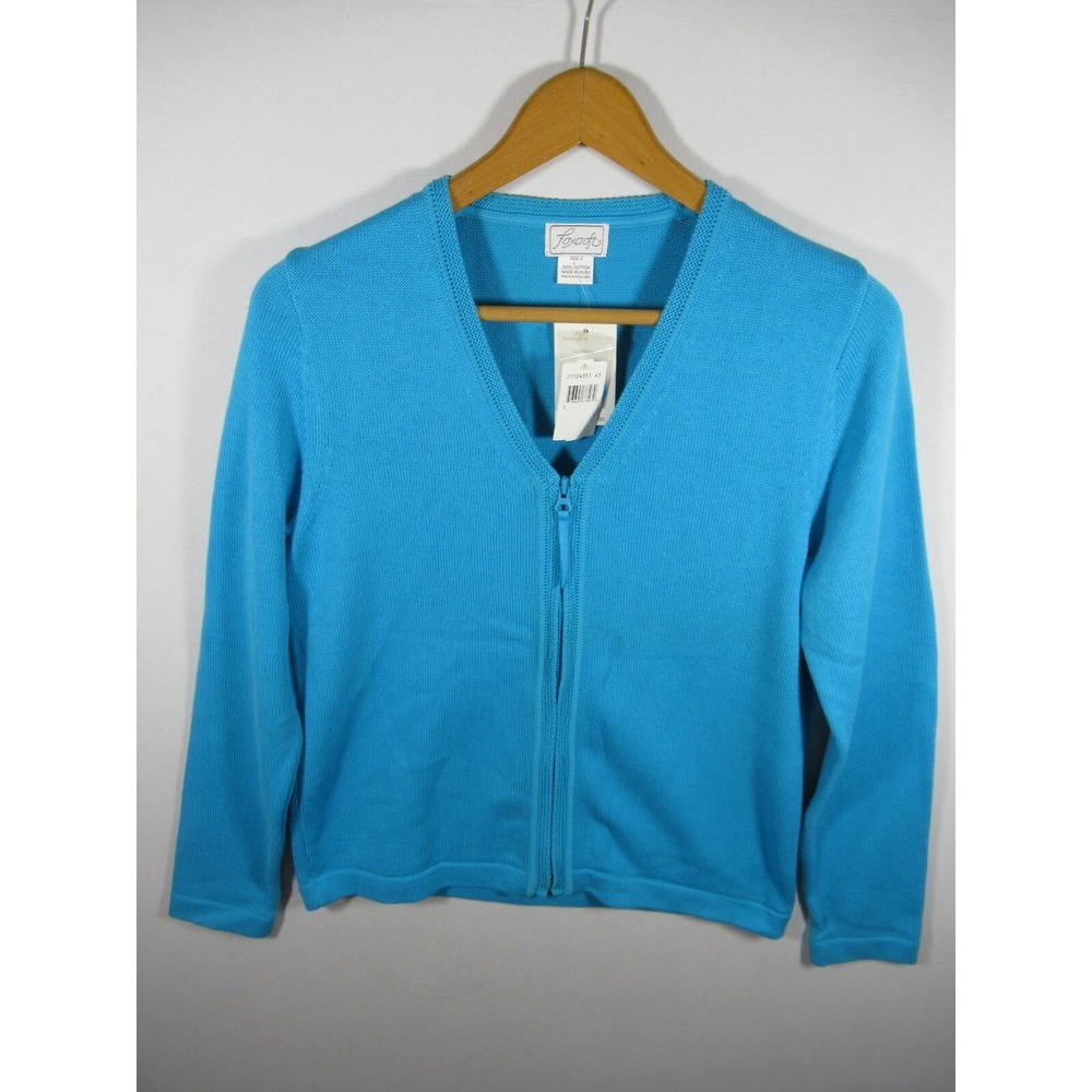 NEW Foxcroft Full Zip Cardigan Sweater Women Small Blue Cotton V-neck Mature